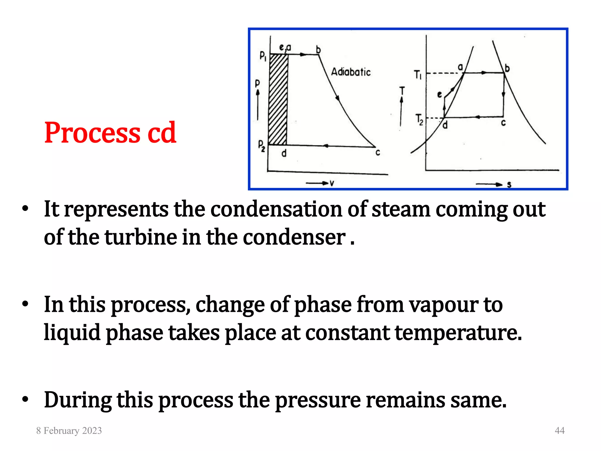 Process cd
• It represents the condensation of steam coming out
of the turbine in the condenser .
• In this process, change of phase from vapour to
liquid phase takes place at constant temperature.
• During this process the pressure remains same.
8 February 2023 44
 