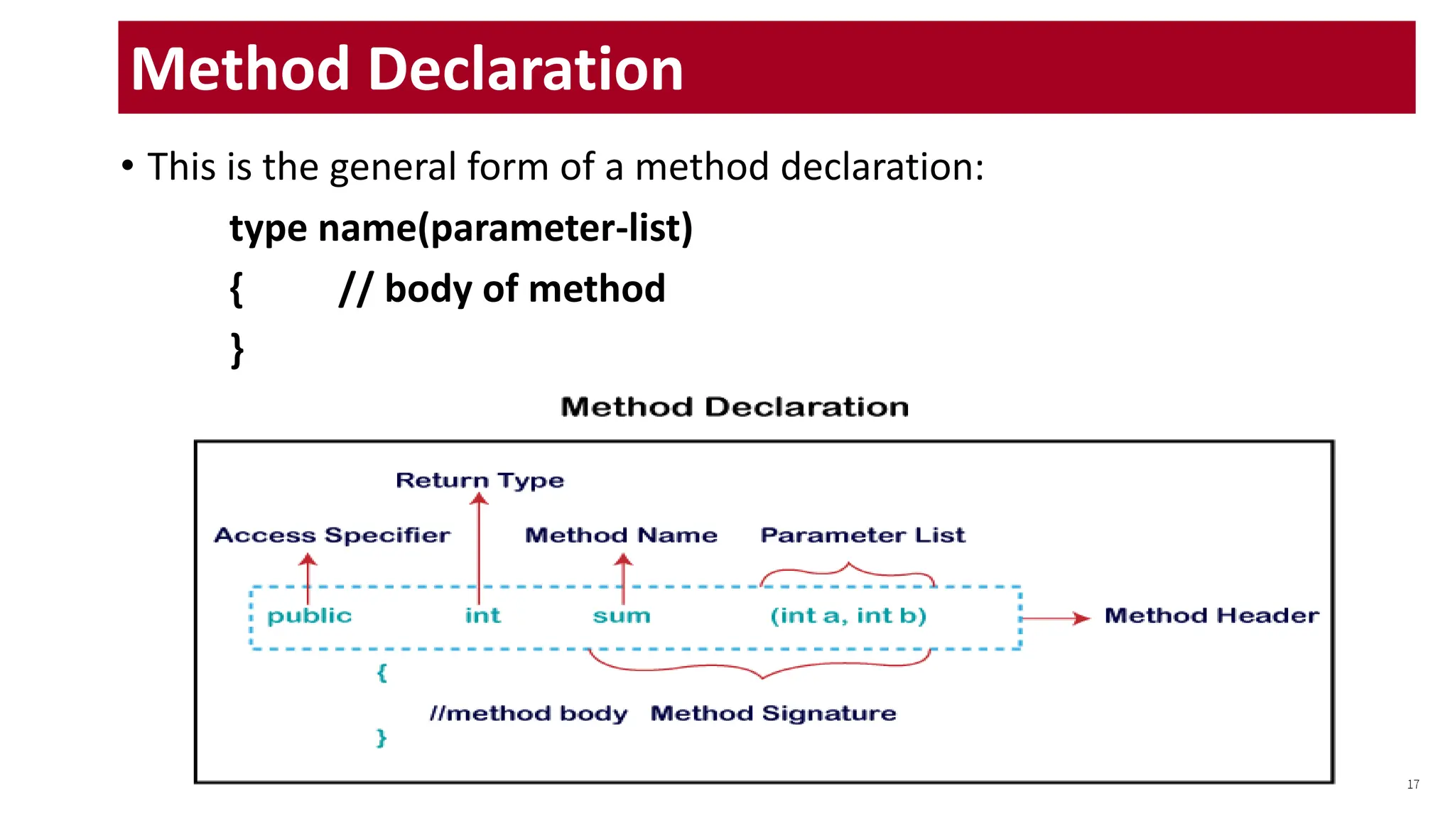 • This is the general form of a method declaration:
type name(parameter-list)
{ // body of method
}
17
Method Declaration
 