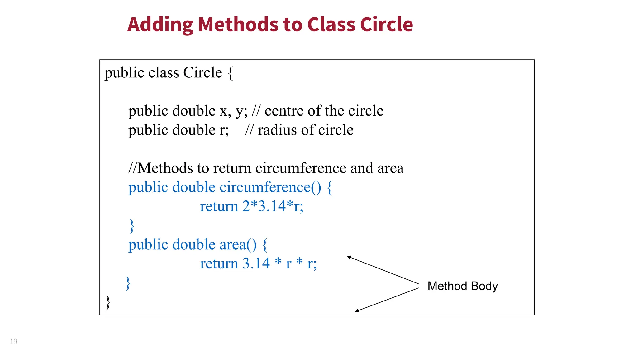 19
Adding Methods to Class Circle
public class Circle {
public double x, y; // centre of the circle
public double r; // radius of circle
//Methods to return circumference and area
public double circumference() {
return 2*3.14*r;
}
public double area() {
return 3.14 * r * r;
}
}
Method Body
 