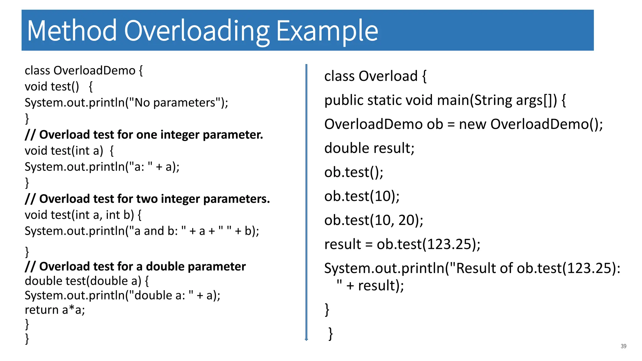 class OverloadDemo {
void test() {
System.out.println("No parameters");
}
// Overload test for one integer parameter.
void test(int a) {
System.out.println("a: " + a);
}
// Overload test for two integer parameters.
void test(int a, int b) {
System.out.println("a and b: " + a + " " + b);
}
// Overload test for a double parameter
double test(double a) {
System.out.println("double a: " + a);
return a*a;
}
} 39
class Overload {
public static void main(String args[]) {
OverloadDemo ob = new OverloadDemo();
double result;
ob.test();
ob.test(10);
ob.test(10, 20);
result = ob.test(123.25);
System.out.println("Result of ob.test(123.25):
" + result);
}
}
Method Overloading Example
 