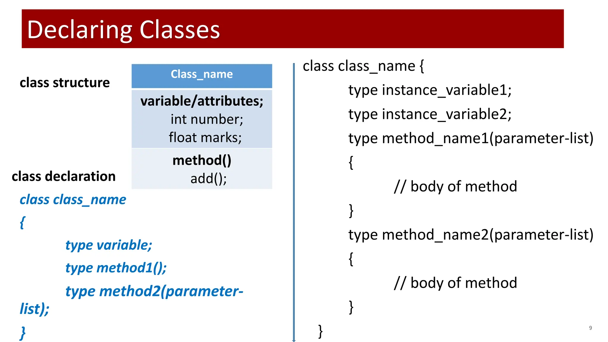 class class_name {
type instance_variable1;
type instance_variable2;
type method_name1(parameter-list)
{
// body of method
}
type method_name2(parameter-list)
{
// body of method
}
} 9
Declaring Classes
class class_name
{
type variable;
type method1();
type method2(parameter-
list);
}
Class_name
variable/attributes;
int number;
float marks;
method()
add();
class structure
class declaration
 