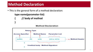 • This is the general form of a method declaration:
type name(parameter-list)
{ // body of method
}
17
Method Declaration
 