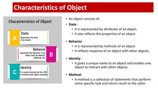 2
Characteristics of Object
• An object consists of:
• State :
• It is represented by attributes of an object.
• It also reflects the properties of an object.
• Behavior :
• It is represented by methods of an object.
• It reflects response of an object with other objects.
• Identity :
• It gives a unique name to an object and enables one
object to interact with other objects.
• Method:
• A method is a collection of statements that perform
some specific task and return result to the caller.
 