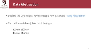 20
Data Abstraction
• Declare the Circle class, have created a new data type – Data Abstraction
• Can define variables (objects) of that type:
Circle aCircle;
Circle bCircle;
 