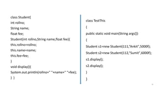 class Student{
int rollno;
String name;
float fee;
Student(int rollno,String name,float fee){
this.rollno=rollno;
this.name=name;
this.fee=fee;
}
void display(){
System.out.println(rollno+" "+name+" "+fee);
} }
53
Program with this keyword
class TestThis
{
public static void main(String args[])
{
Student s1=new Student(111,“Ankit",5000f);
Student s2=new Student(112,“Sumit",6000f);
s1.display();
s2.display();
}
}
 