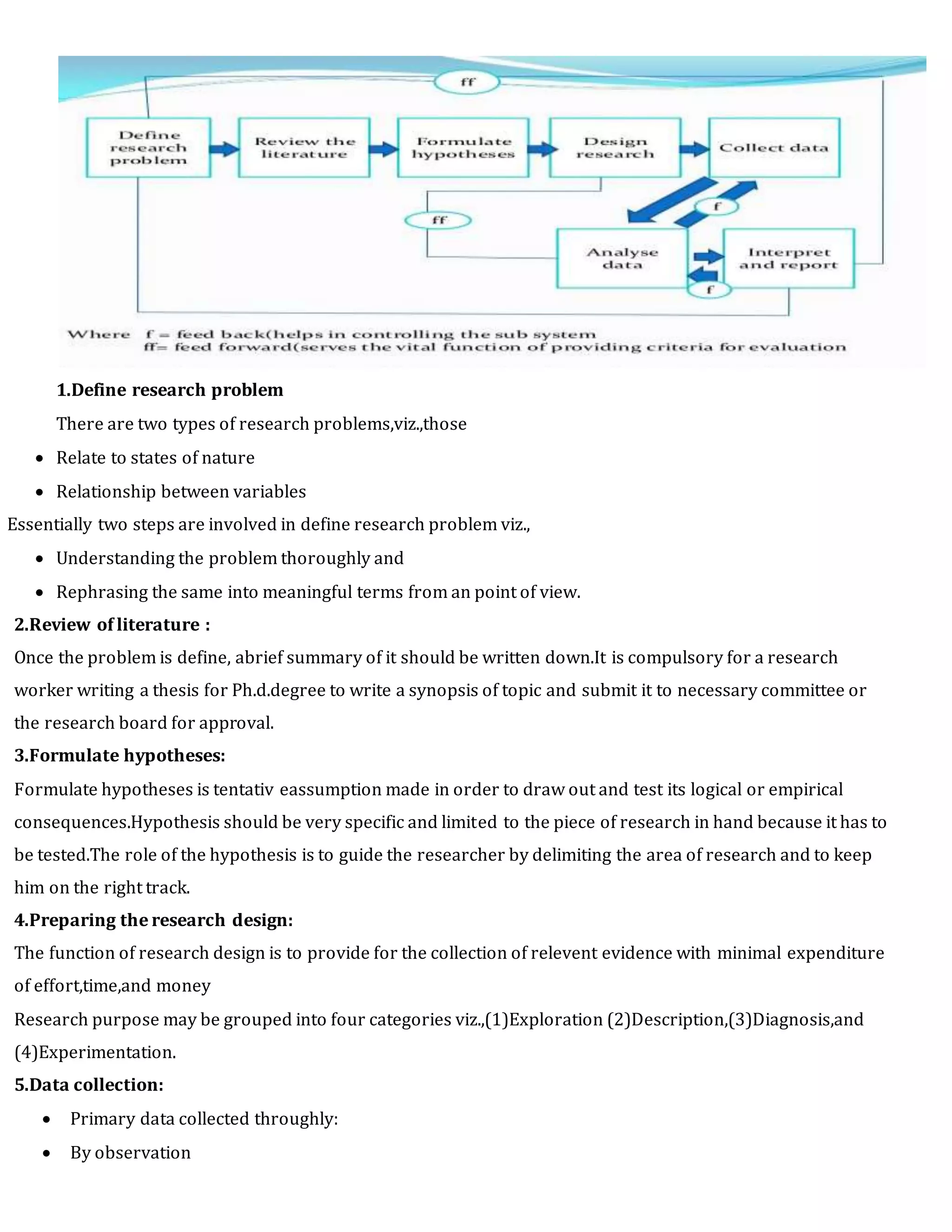 1.Define research problem
There are two types of research problems,viz.,those
 Relate to states of nature
 Relationship between variables
Essentially two steps are involved in define research problem viz.,
 Understanding the problem thoroughly and
 Rephrasing the same into meaningful terms from an point of view.
2.Review of literature :
Once the problem is define, abrief summary of it should be written down.It is compulsory for a research
worker writing a thesis for Ph.d.degree to write a synopsis of topic and submit it to necessary committee or
the research board for approval.
3.Formulate hypotheses:
Formulate hypotheses is tentativ eassumption made in order to draw out and test its logical or empirical
consequences.Hypothesis should be very specific and limited to the piece of research in hand because it has to
be tested.The role of the hypothesis is to guide the researcher by delimiting the area of research and to keep
him on the right track.
4.Preparing the research design:
The function of research design is to provide for the collection of relevent evidence with minimal expenditure
of effort,time,and money
Research purpose may be grouped into four categories viz.,(1)Exploration (2)Description,(3)Diagnosis,and
(4)Experimentation.
5.Data collection:
 Primary data collected throughly:
 By observation
 