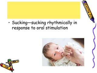 • Sucking—sucking rhythmically in
response to oral stimulation
 