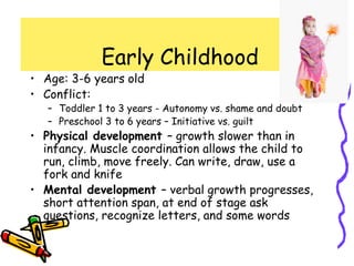 Early Childhood
• Age: 3-6 years old
• Conflict:
– Toddler 1 to 3 years - Autonomy vs. shame and doubt
– Preschool 3 to 6 years – Initiative vs. guilt
• Physical development – growth slower than in
infancy. Muscle coordination allows the child to
run, climb, move freely. Can write, draw, use a
fork and knife
• Mental development – verbal growth progresses,
short attention span, at end of stage ask
questions, recognize letters, and some words
 