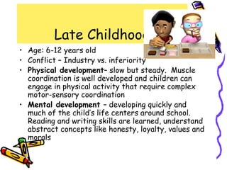 Late Childhood
• Age: 6-12 years old
• Conflict – Industry vs. inferiority
• Physical development– slow but steady. Muscle
coordination is well developed and children can
engage in physical activity that require complex
motor-sensory coordination
• Mental development – developing quickly and
much of the child’s life centers around school.
Reading and writing skills are learned, understand
abstract concepts like honesty, loyalty, values and
morals
 