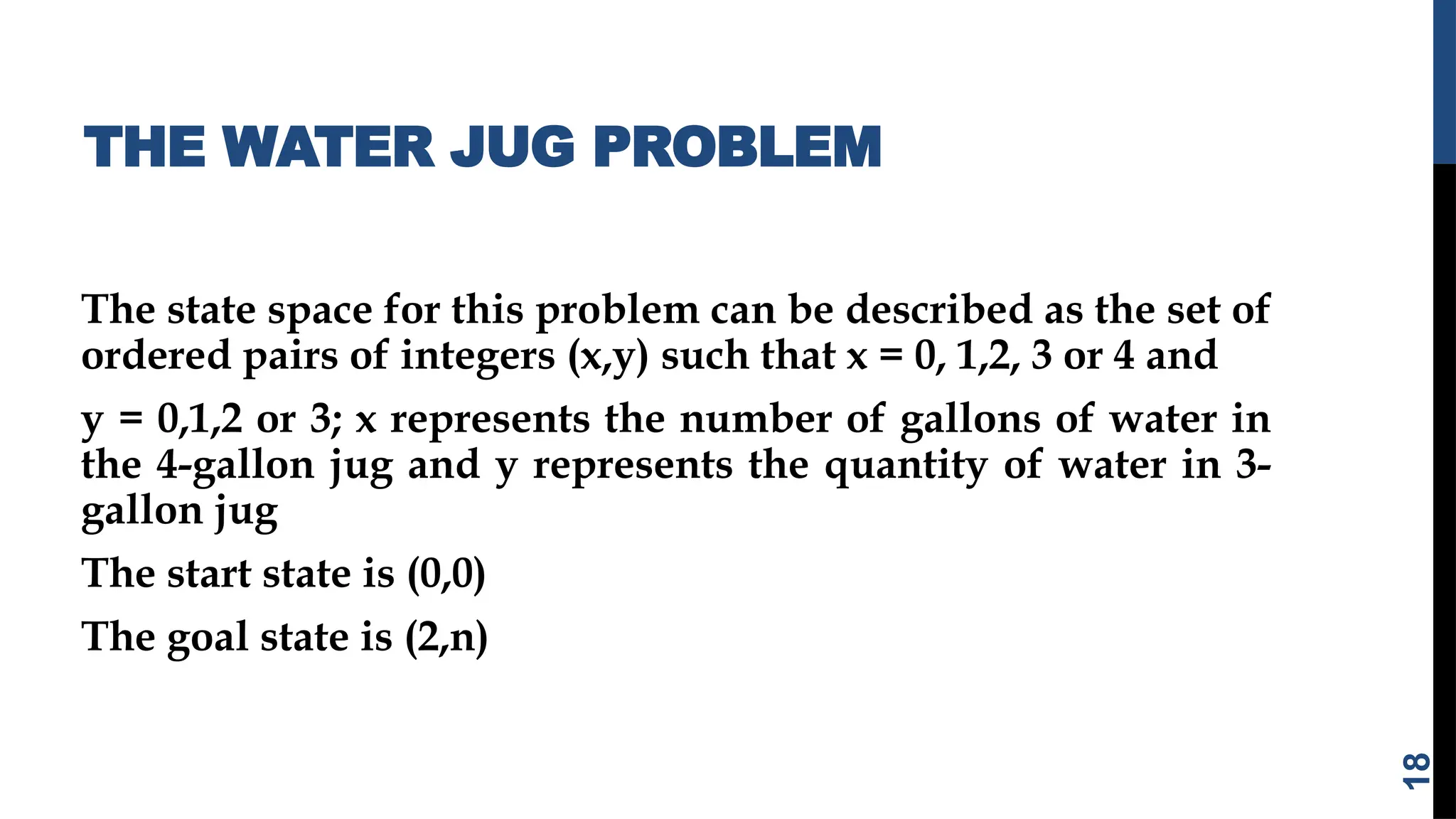 THE WATER JUG PROBLEM
The state space for this problem can be described as the set of
ordered pairs of integers (x,y) such that x = 0, 1,2, 3 or 4 and
y = 0,1,2 or 3; x represents the number of gallons of water in
the 4-gallon jug and y represents the quantity of water in 3-
gallon jug
The start state is (0,0)
The goal state is (2,n)
18
 