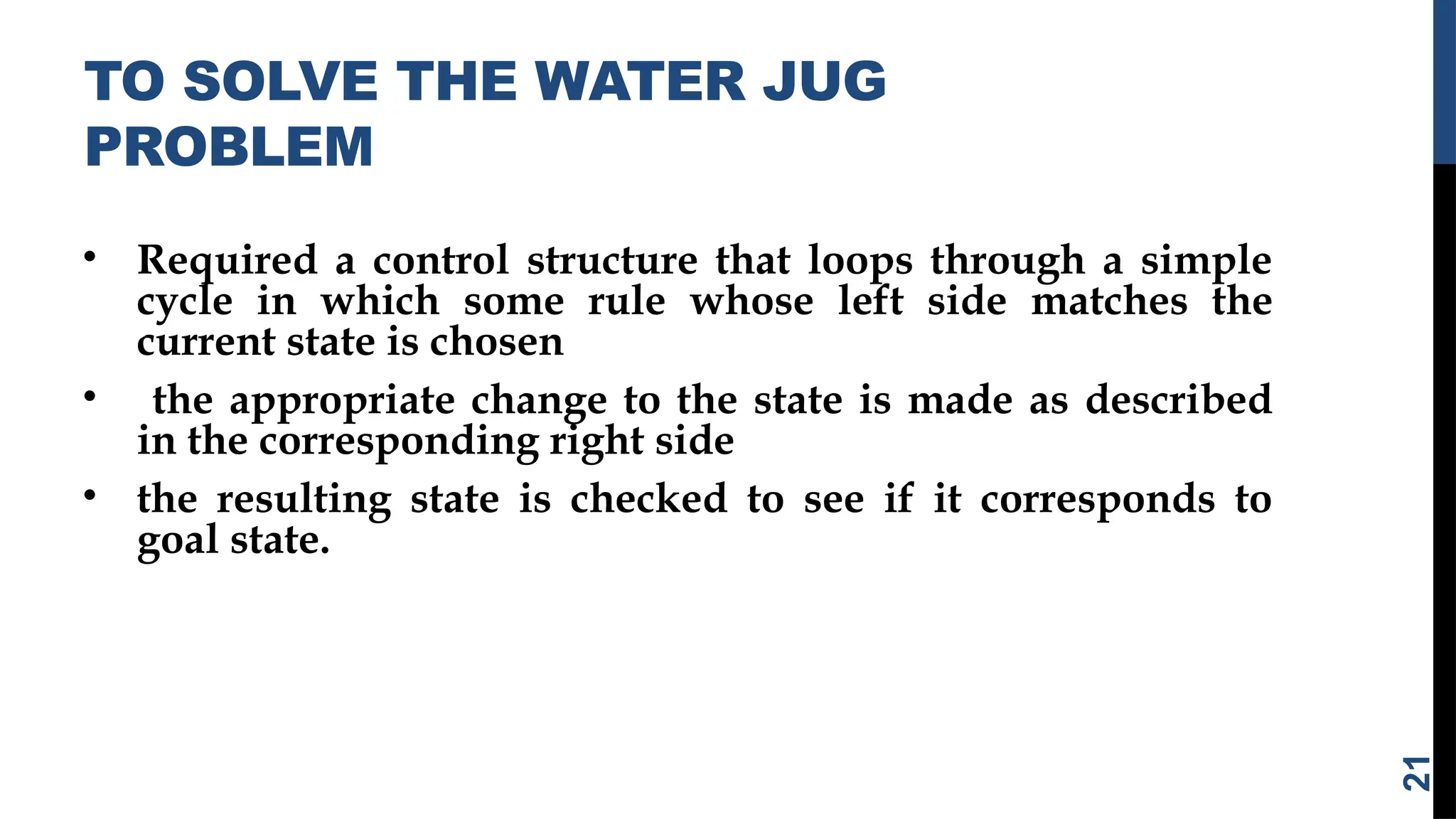TO SOLVE THE WATER JUG
PROBLEM
• Required a control structure that loops through a simple
cycle in which some rule whose left side matches the
current state is chosen
• the appropriate change to the state is made as described
in the corresponding right side
• the resulting state is checked to see if it corresponds to
goal state.
21
 