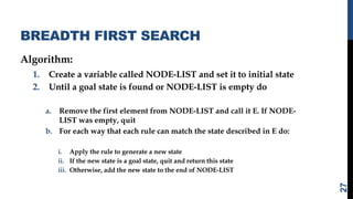 BREADTH FIRST SEARCH
Algorithm:
1. Create a variable called NODE-LIST and set it to initial state
2. Until a goal state is found or NODE-LIST is empty do
a. Remove the first element from NODE-LIST and call it E. If NODE-
LIST was empty, quit
b. For each way that each rule can match the state described in E do:
i. Apply the rule to generate a new state
ii. If the new state is a goal state, quit and return this state
iii. Otherwise, add the new state to the end of NODE-LIST
27
 