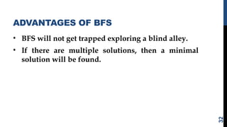 ADVANTAGES OF BFS
• BFS will not get trapped exploring a blind alley.
• If there are multiple solutions, then a minimal
solution will be found.
32
 