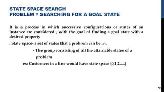 STATE SPACE SEARCH
PROBLEM = SEARCHING FOR A GOAL STATE
It is a process in which successive configurations or states of an
instance are considered , with the goal of finding a goal state with a
desired property
. State space- a set of states that a problem can be in.
- The group consisting of all the attainable states of a
problem
ex: Customers in a line would have state space {0,1,2….}
4
 