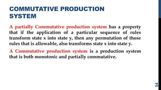COMMUTATIVE PRODUCTION
SYSTEM
A partially Commutative production system has a property
that if the application of a particular sequence of rules
transform state x into state y, then any permutation of those
rules that is allowable, also transforms state x into state y.
A Commutative production system is a production system
that is both monotonic and partially commutative.
54
 