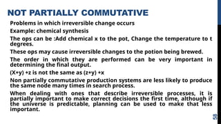 NOT PARTIALLY COMMUTATIVE
Problems in which irreversible change occurs
Example: chemical synthesis
The ops can be :Add chemical x to the pot, Change the temperature to t
degrees.
These ops may cause irreversible changes to the potion being brewed.
The order in which they are performed can be very important in
determining the final output.
(X+y) +z is not the same as (z+y) +x
Non partially commutative production systems are less likely to produce
the same node many times in search process.
When dealing with ones that describe irreversible processes, it is
partially important to make correct decisions the first time, although if
the universe is predictable, planning can be used to make that less
important.
58
 