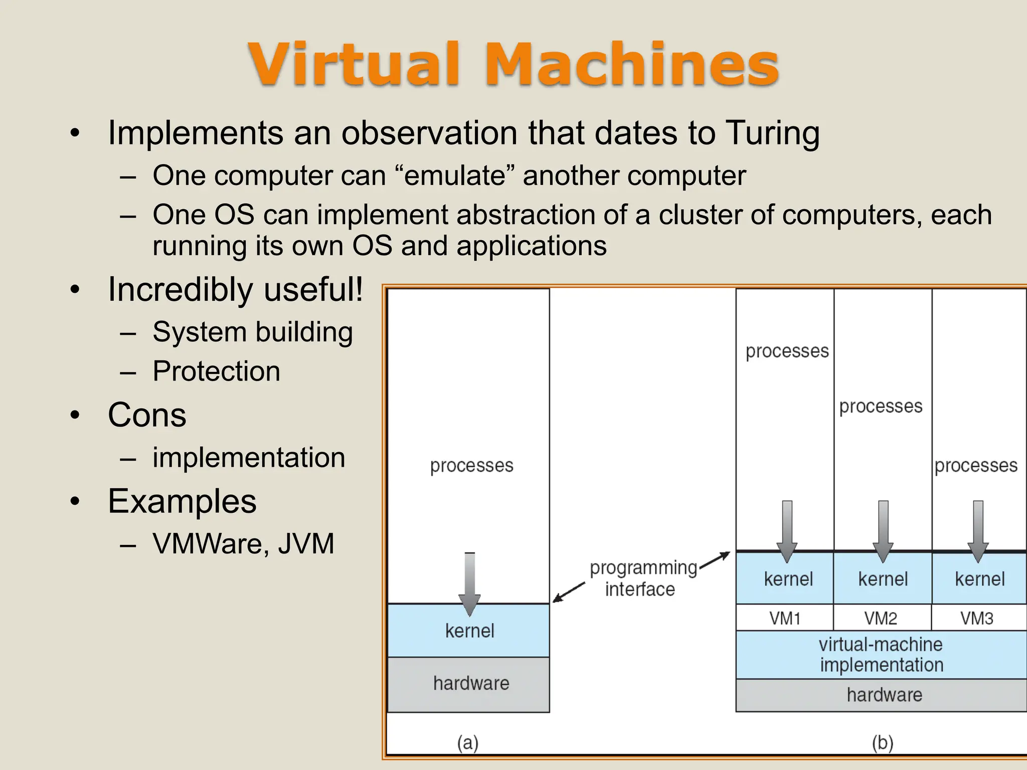 Virtual Machines
• Implements an observation that dates to Turing
– One computer can “emulate” another computer
– One OS can implement abstraction of a cluster of computers, each
running its own OS and applications
• Incredibly useful!
– System building
– Protection
• Cons
– implementation
• Examples
– VMWare, JVM
 