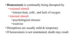 •Homeostasis is continually being disrupted by
•external stimuli
•intense heat, cold , and lack of oxygen
•internal stimuli
•psychological stresses
•exercise
•Disruptions are usually mild & temporary
•If homeostasis is not maintained, death may result
 