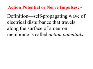 Action Potential or Nerve Impulses: -
Definition—self-propagating wave of
electrical disturbance that travels
along the surface of a neuron
membrane is called action potentials.
 