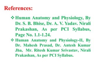 References:
Human Anatomy and Physiology, By
Dr. S. B. Bhise, Dr. A. V. Yadav. Nirali
Prakashan, As per PCI Syllabus,
Page No. 1.1-1.24.
 Human Anatomy and Physiology-II, By
Dr. Mahesh Prasad, Dr. Antesh Kumar
Jha, Mr. Ritesh Kumar Srivastav, Nirali
Prakashan, As per PCI Syllabus.
 