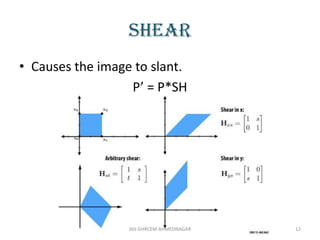 shear
• Causes the image to slant.
P’ = P*SH
AVJ GHRCEM AHMEDNAGAR 12
 