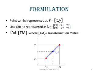 Formulation
• Point can be represented as P= [x,y]
• Line can be represented as L=
• L’=L [TM] where [TM]= Transformation Matrix
AVJ GHRCEM AHMEDNAGAR 6
 