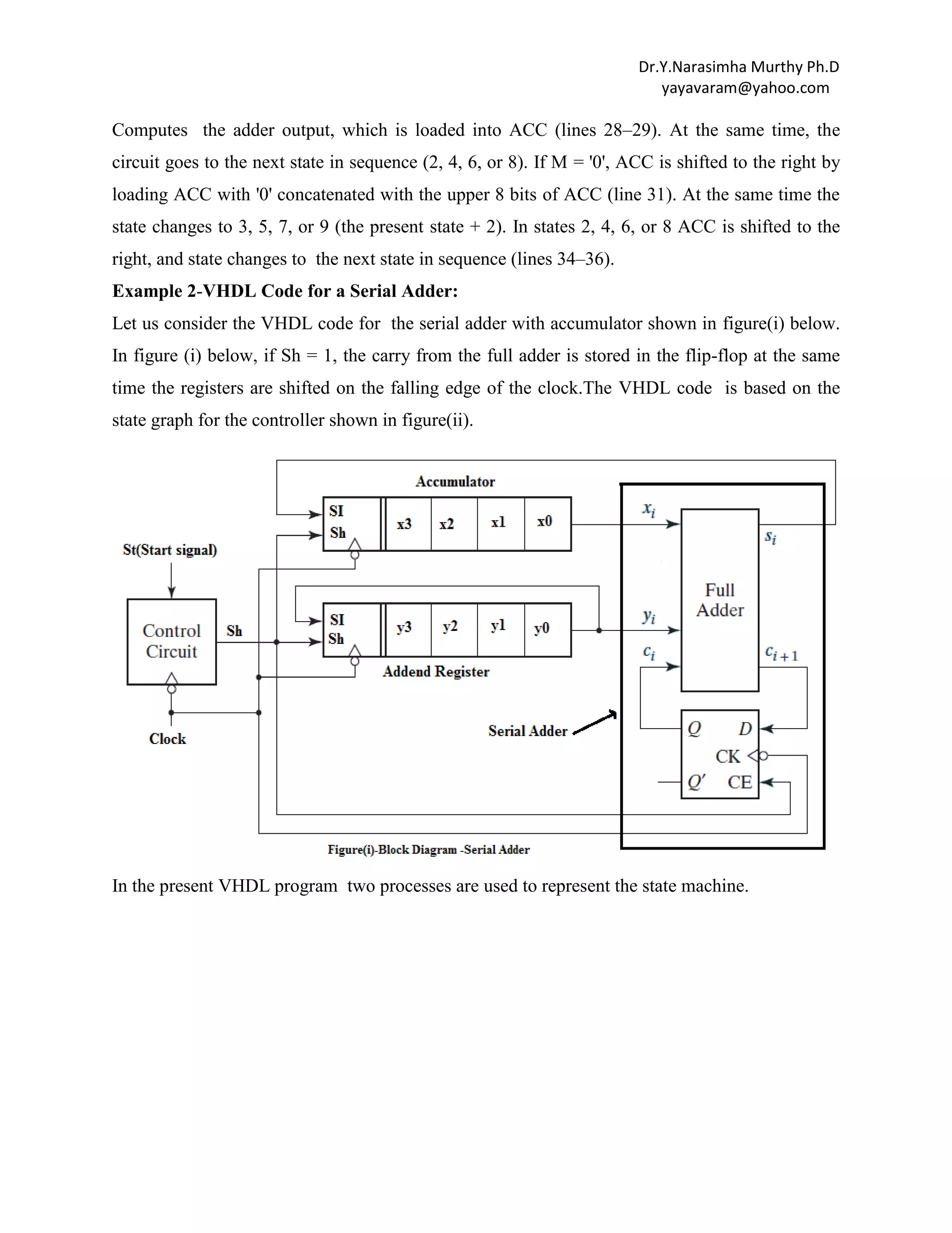 Dr.Y.Narasimha Murthy Ph.D
yayavaram@yahoo.com

Computes the adder output, which is loaded into ACC (lines 28–29). At the same time, the
circuit goes to the next state in sequence (2, 4, 6, or 8). If M = '0', ACC is shifted to the right by
loading ACC with '0' concatenated with the upper 8 bits of ACC (line 31). At the same time the
state changes to 3, 5, 7, or 9 (the present state + 2). In states 2, 4, 6, or 8 ACC is shifted to the
right, and state changes to the next state in sequence (lines 34–36).
Example 2-VHDL Code for a Serial Adder:
Let us consider the VHDL code for the serial adder with accumulator shown in figure(i) below.
In figure (i) below, if Sh = 1, the carry from the full adder is stored in the flip-flop at the same
time the registers are shifted on the falling edge of the clock.The VHDL code is based on the
state graph for the controller shown in figure(ii).

In the present VHDL program two processes are used to represent the state machine.

 