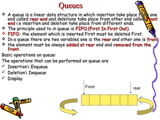  A queue is a linear data structure in which insertion take place from oneA queue is a linear data structure in which insertion take place from one
end calledend called rear endrear end and deletions take place from other end calledand deletions take place from other end called frontfront
endend i.e insertion and deletion take place from different ends.i.e insertion and deletion take place from different ends.
 The principle used to in queue isThe principle used to in queue is FIFO.(First In First Out)FIFO.(First In First Out)
 FIFOFIFO- the element which is inserted First must be deleted First.- the element which is inserted First must be deleted First.
 In a queue there are two variables one is theIn a queue there are two variables one is the rearrear and other one isand other one is frontfront..
 the element must be alwaysthe element must be always added at rearadded at rear end andend and removed from theremoved from the
frontfront..
Basic operations on queue:Basic operations on queue:
The operations that can be performed on queue areThe operations that can be performed on queue are
 Insertion EnqueueInsertion Enqueue
 Deletion DequeueDeletion Dequeue
 DisplayDisplay
QueuesQueues
Front rear
 