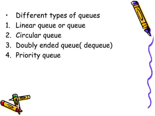 • Different types of queues
1. Linear queue or queue
2. Circular queue
3. Doubly ended queue( dequeue)
4. Priority queue
 