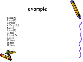 example
1.encq(A)
2.encq(B)
3.encq(c )
4. Encq ( D )
5.Decq
6.encq(E)
7. Decq
8.encq( F)
9.Decq
10. Decq
11.Decq
12. Decq
 