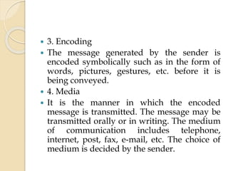  3. Encoding
 The message generated by the sender is
encoded symbolically such as in the form of
words, pictures, gestures, etc. before it is
being conveyed.
 4. Media
 It is the manner in which the encoded
message is transmitted. The message may be
transmitted orally or in writing. The medium
of communication includes telephone,
internet, post, fax, e-mail, etc. The choice of
medium is decided by the sender.
 