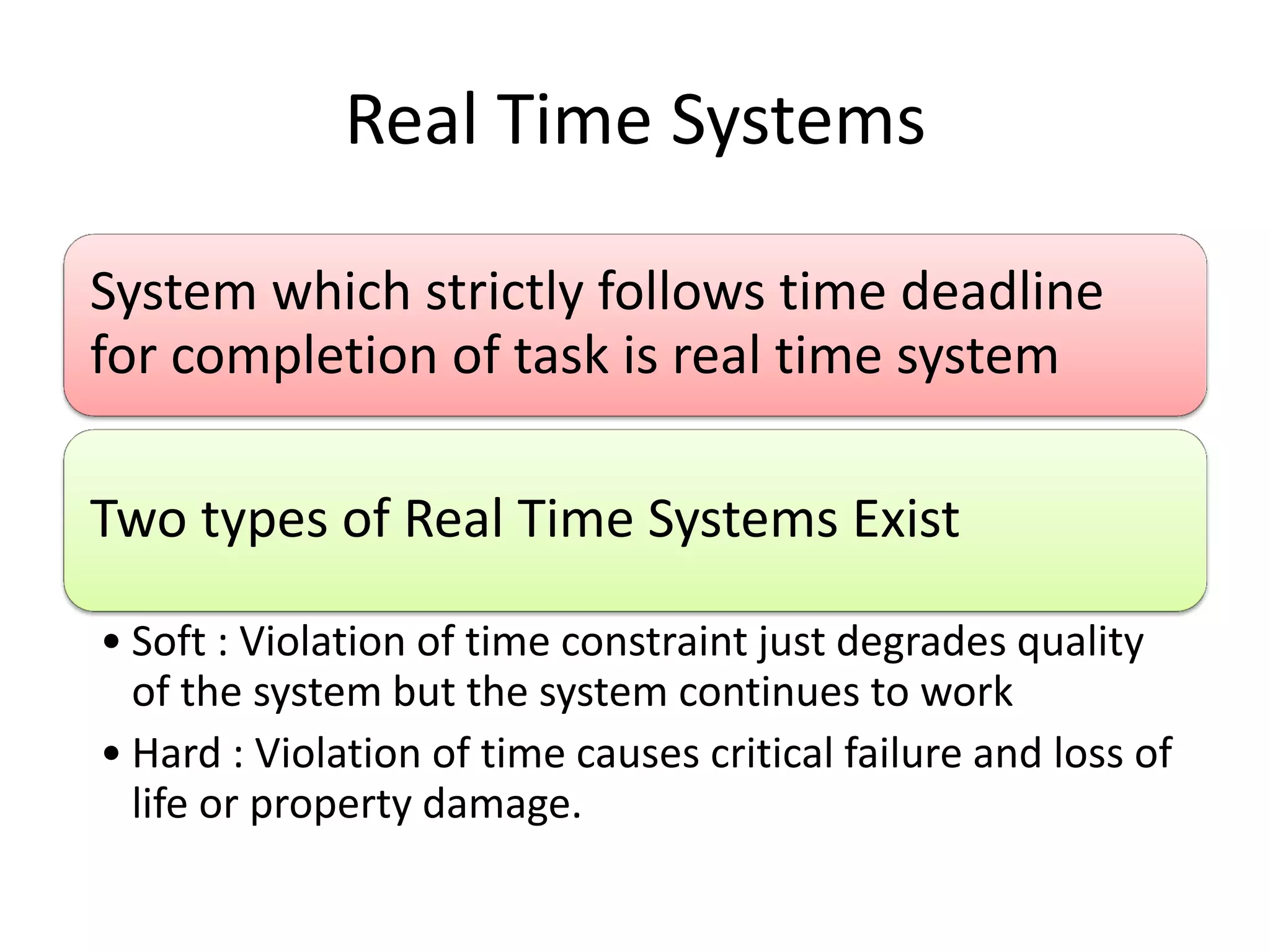 Real Time Systems
System which strictly follows time deadline
for completion of task is real time system
Two types of Real Time Systems Exist
• Soft : Violation of time constraint just degrades quality
of the system but the system continues to work
• Hard : Violation of time causes critical failure and loss of
life or property damage.
 