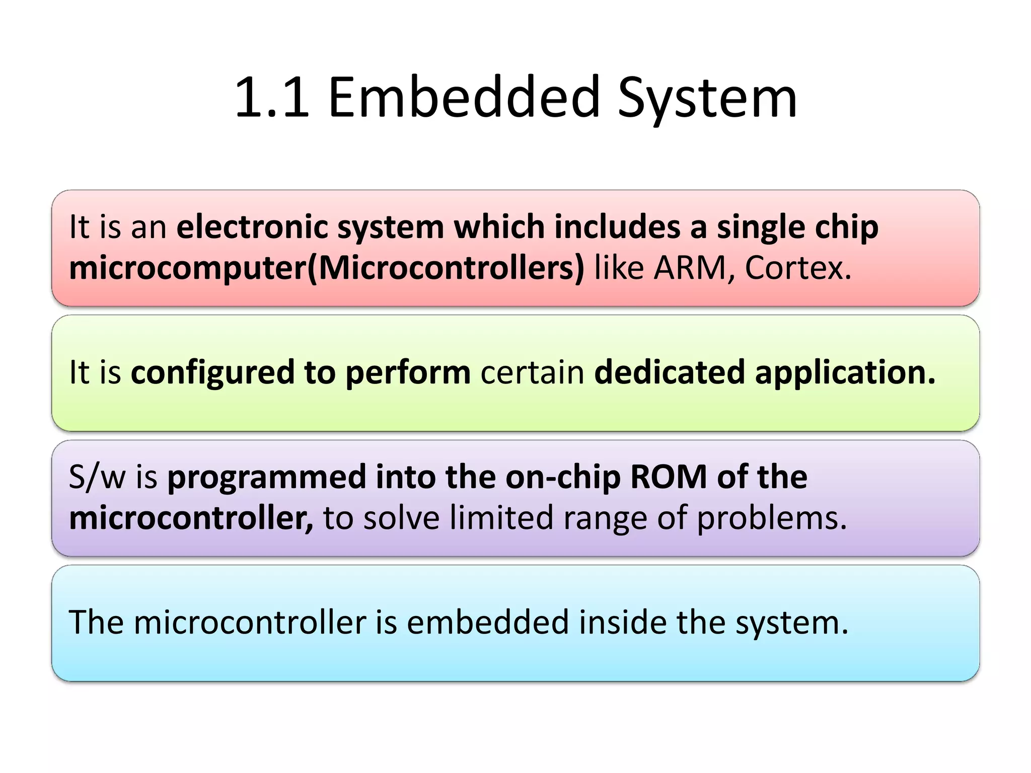 1.1 Embedded System
It is an electronic system which includes a single chip
microcomputer(Microcontrollers) like ARM, Cortex.
It is configured to perform certain dedicated application.
S/w is programmed into the on-chip ROM of the
microcontroller, to solve limited range of problems.
The microcontroller is embedded inside the system.
 