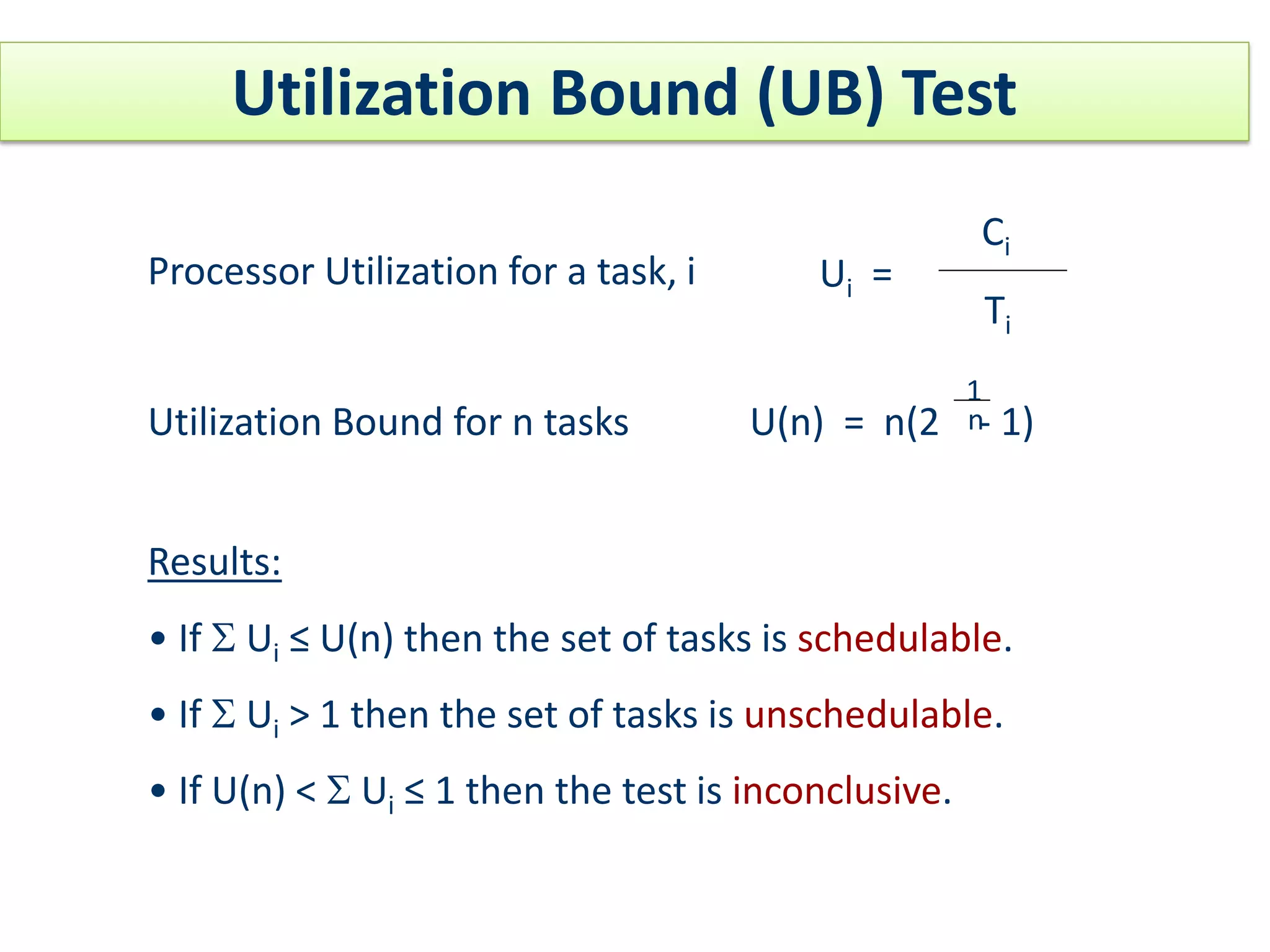 Utilization Bound (UB) Test
Processor Utilization for a task, i Ui =
Ci
Ti
Utilization Bound for n tasks U(n) = n(2 - 1)
1
n
Results:
• If S Ui ≤ U(n) then the set of tasks is schedulable.
• If S Ui > 1 then the set of tasks is unschedulable.
• If U(n) < S Ui ≤ 1 then the test is inconclusive.
 