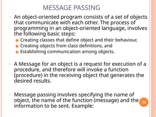 MESSAGE PASSING
• An object-oriented program consists of a set of objects
that communicate with each other. The process of
programming in an object-oriented language, involves
the following basic steps:
● Creating classes that define object and their behaviour,
● Creating objects from class definitions, and
● Establishing communication among objects.
• A Message for an object is a request for execution of a
procedure, and therefore will invoke a function
(procedure) in the receiving object that generates the
desired results.
• Message passing involves specifying the name of
object, the name of the function (message) and the
information to be sent. Example:
34
 