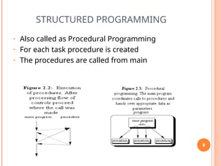 STRUCTURED PROGRAMMING
• Also called as Procedural Programming
• For each task procedure is created
• The procedures are called from main
8
 