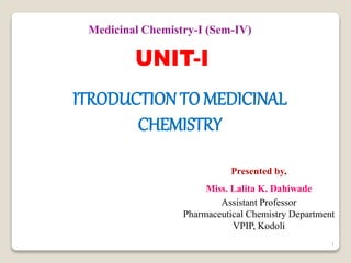 ITRODUCTION TO MEDICINAL
CHEMISTRY
UNIT-I
Medicinal Chemistry-I (Sem-IV)
Presented by,
Miss. Lalita K. Dahiwade
Assistant Professor
Pharmaceutical Chemistry Department
VPIP, Kodoli
1
 