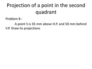 Projection of a point in the second
quadrant
Problem 8 :
A point S is 35 mm above H.P. and 50 mm behind
V.P. Draw its projections
 