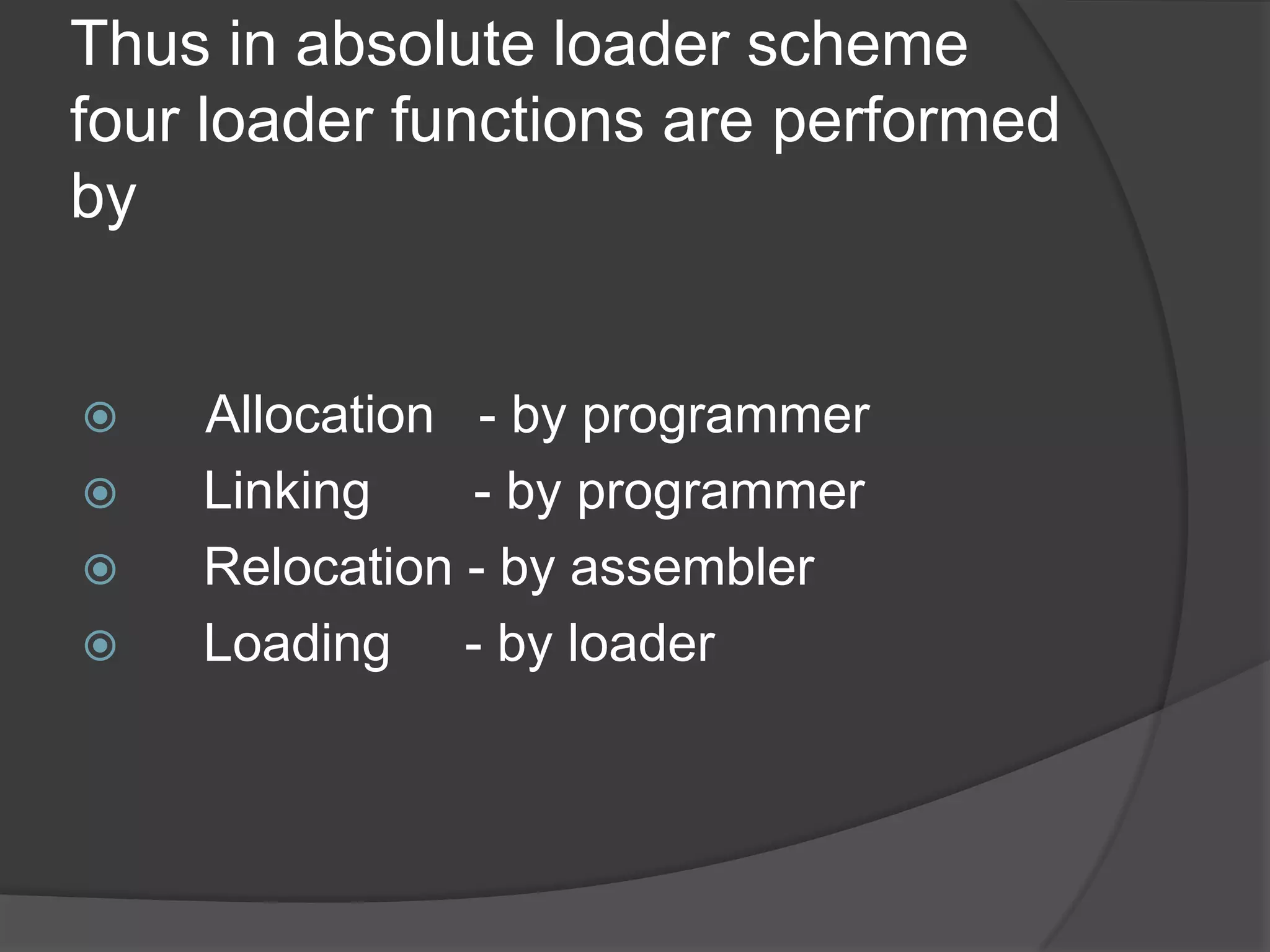Thus in absolute loader scheme
four loader functions are performed
by


   Allocation - by programmer
   Linking    - by programmer
   Relocation - by assembler
   Loading - by loader
 