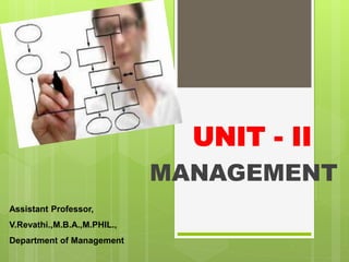 UNIT - II
MANAGEMENT
Assistant Professor,
V.Revathi.,M.B.A.,M.PHIL.,
Department of Management
 