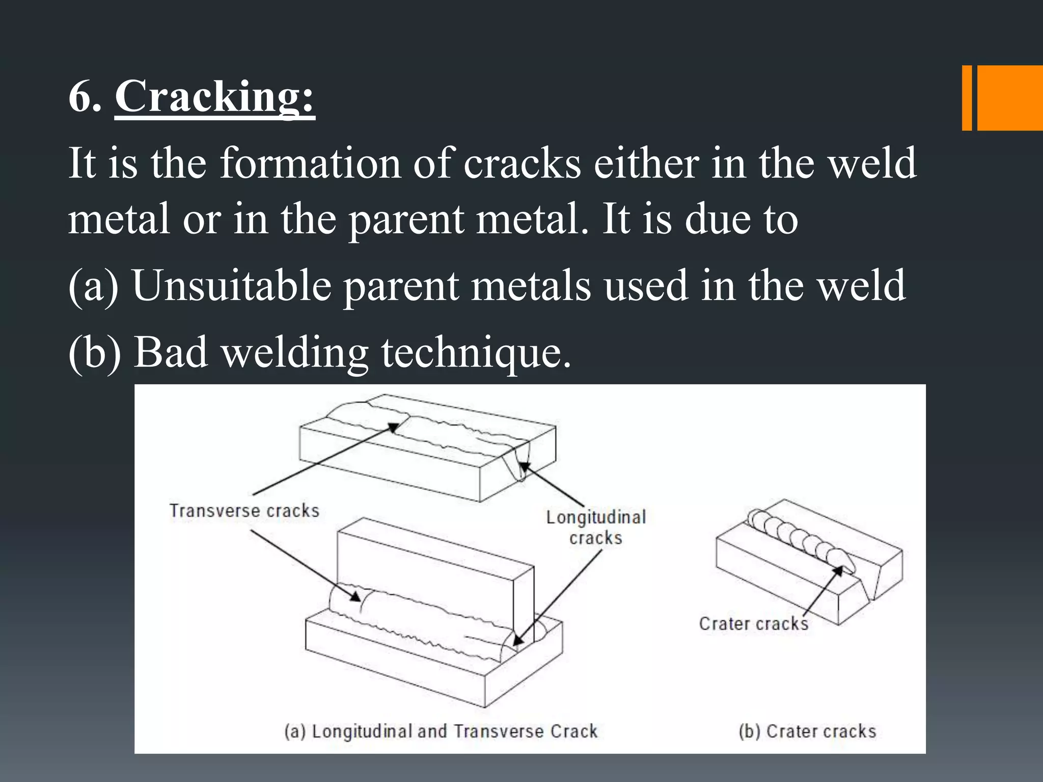 6. Cracking:
It is the formation of cracks either in the weld
metal or in the parent metal. It is due to
(a) Unsuitable parent metals used in the weld
(b) Bad welding technique.
 