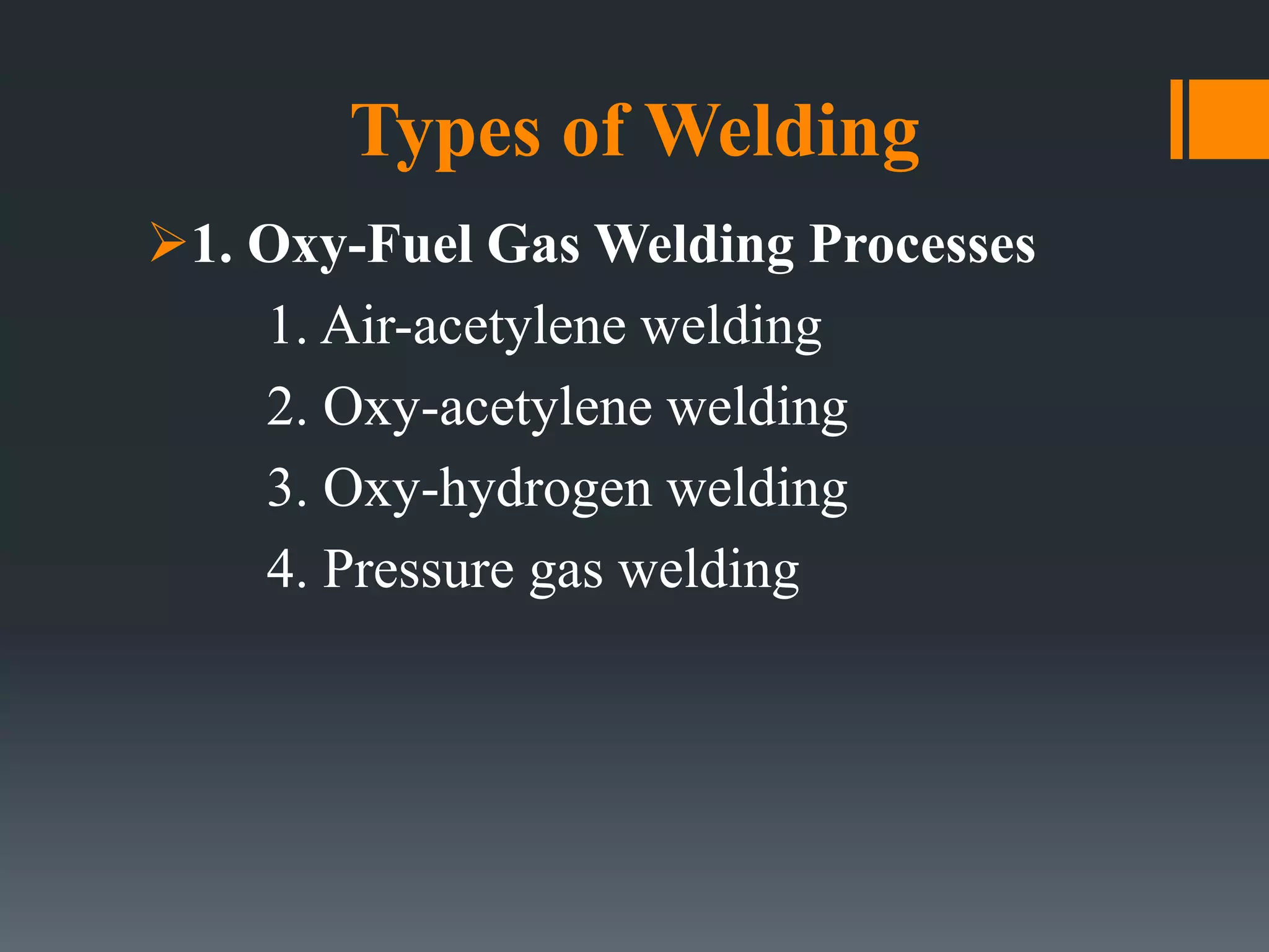 Types of Welding
1. Oxy-Fuel Gas Welding Processes
1. Air-acetylene welding
2. Oxy-acetylene welding
3. Oxy-hydrogen welding
4. Pressure gas welding
 