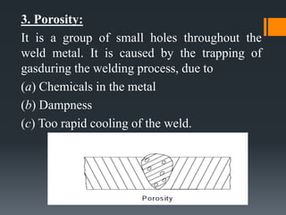 3. Porosity:
It is a group of small holes throughout the
weld metal. It is caused by the trapping of
gasduring the welding process, due to
(a) Chemicals in the metal
(b) Dampness
(c) Too rapid cooling of the weld.
 