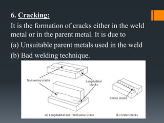 6. Cracking:
It is the formation of cracks either in the weld
metal or in the parent metal. It is due to
(a) Unsuitable parent metals used in the weld
(b) Bad welding technique.
 