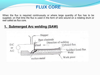 FLUX CORE
When the flux is required continuously or where large quantity of flux has to be
supplied, on that time the flux is used in the form of wire wound on a rotating drum or
reel called as flux core.
1. Submerged Arc welding (SAW)
 