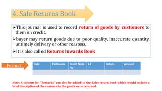This journal is used to record return of goods by customers to
them on credit.
buyer may return goods due to poor quality, inaccurate quantity,
untimely delivery or other reasons.
It is also called Returns Inwards Book
4. Sale Returns Book
Note: A column for “Remarks” can also be added to the Sales return book which would include a
brief description of the reason why the goods were returned.
Date Particulars Credit Note
No
L.F Details Amount
Format
 