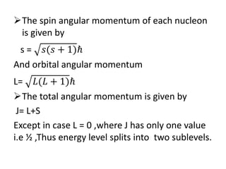 The spin angular momentum of each nucleon
is given by
s = 𝑠(𝑠 + 1)ℏ
And orbital angular momentum
L= 𝐿(𝐿 + 1)ℏ
The total angular momentum is given by
J= L+S
Except in case L = 0 ,where J has only one value
i.e ½ ,Thus energy level splits into two sublevels.
 