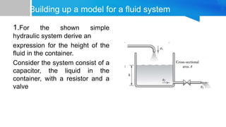 Building up a model for a fluid system
1.For the shown simple
hydraulic system derive an
expression for the height of the
fluid in the container.
Consider the system consist of a
capacitor, the liquid in the
container, with a resistor and a
valve
 