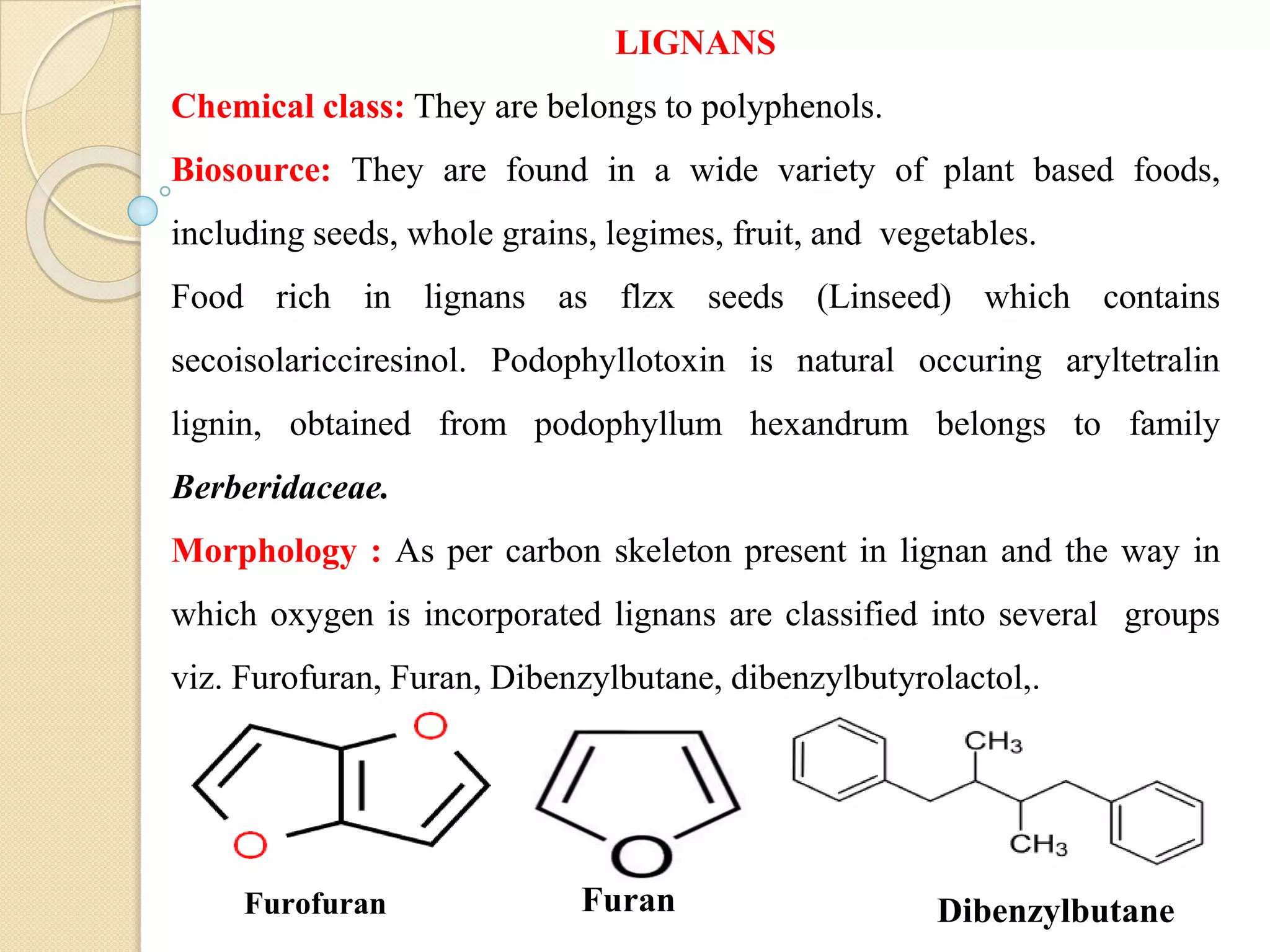 LIGNANS
Chemical class: They are belongs to polyphenols.
Biosource: They are found in a wide variety of plant based foods,
including seeds, whole grains, legimes, fruit, and vegetables.
Food rich in lignans as flzx seeds (Linseed) which contains
secoisolaricciresinol. Podophyllotoxin is natural occuring aryltetralin
lignin, obtained from podophyllum hexandrum belongs to family
Berberidaceae.
Morphology : As per carbon skeleton present in lignan and the way in
which oxygen is incorporated lignans are classified into several groups
viz. Furofuran, Furan, Dibenzylbutane, dibenzylbutyrolactol,.
Furofuran Furan Dibenzylbutane
 