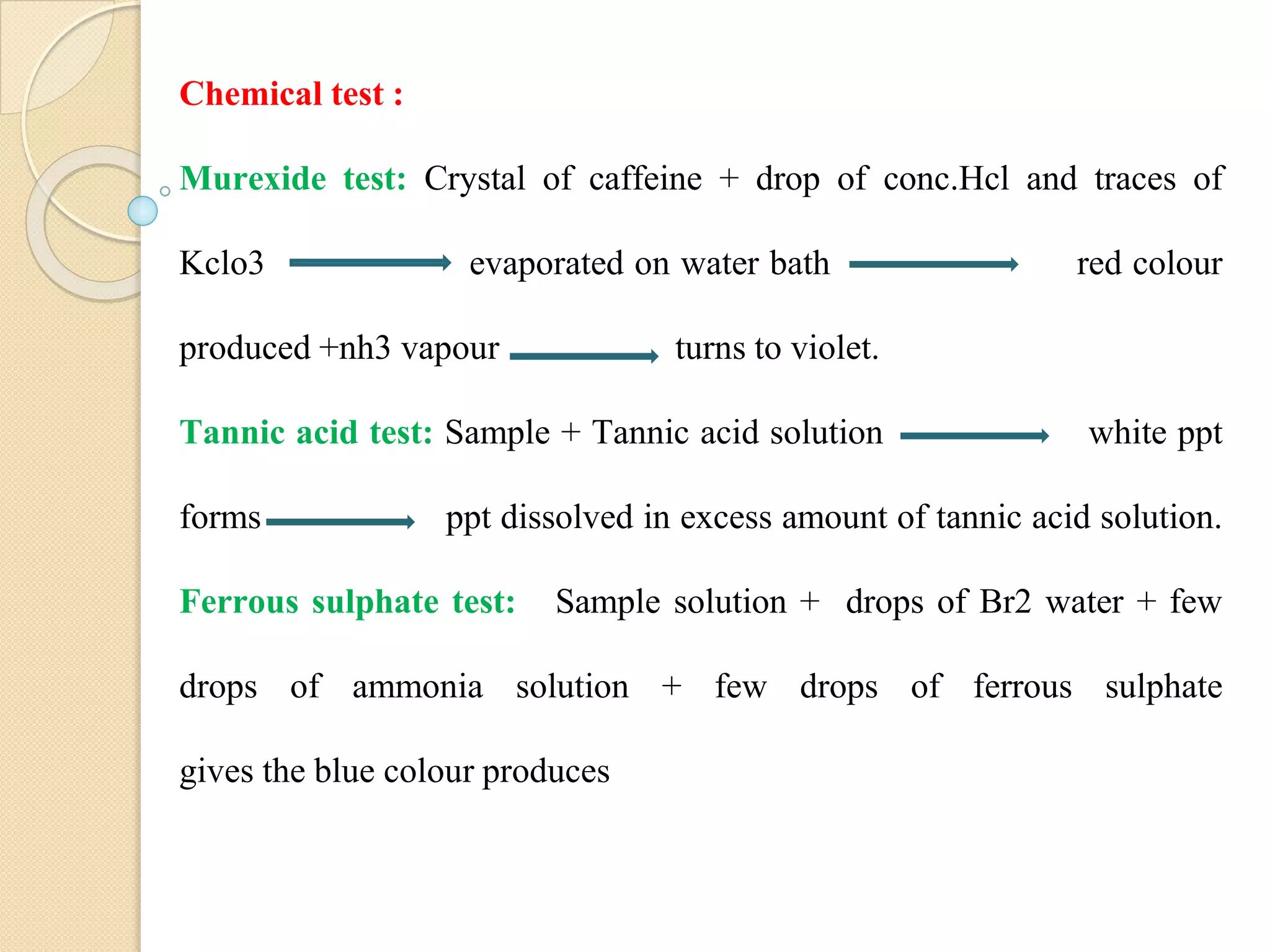 Chemical test :
Murexide test: Crystal of caffeine + drop of conc.Hcl and traces of
Kclo3 evaporated on water bath red colour
produced +nh3 vapour turns to violet.
Tannic acid test: Sample + Tannic acid solution white ppt
forms ppt dissolved in excess amount of tannic acid solution.
Ferrous sulphate test: Sample solution + drops of Br2 water + few
drops of ammonia solution + few drops of ferrous sulphate
gives the blue colour produces
 
